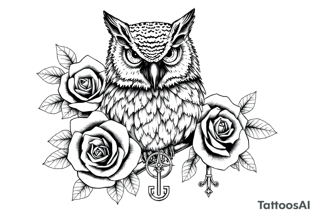 an owl,roses,compass,key. tattoo idea
