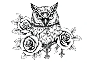 an owl,roses,compass,key. tattoo idea