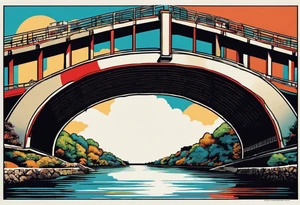 70's poster art, pop art, simple, view from under cantilever bridge tattoo idea