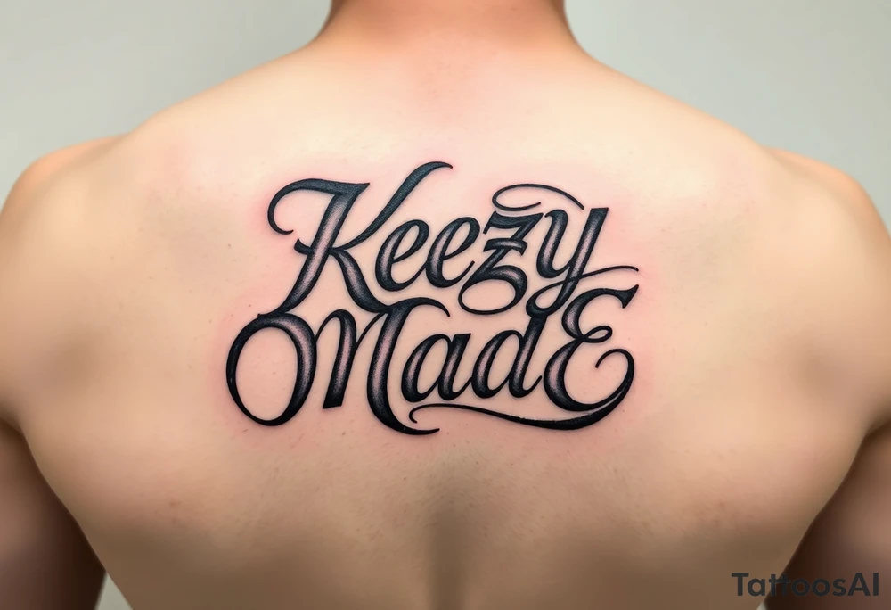 letters only fancy but rugged twisted and intertwined circular arched curvy lettering (KeezY MadE) almost like the the roca wear symbol clothing brand trademark RW but with KM tattoo idea