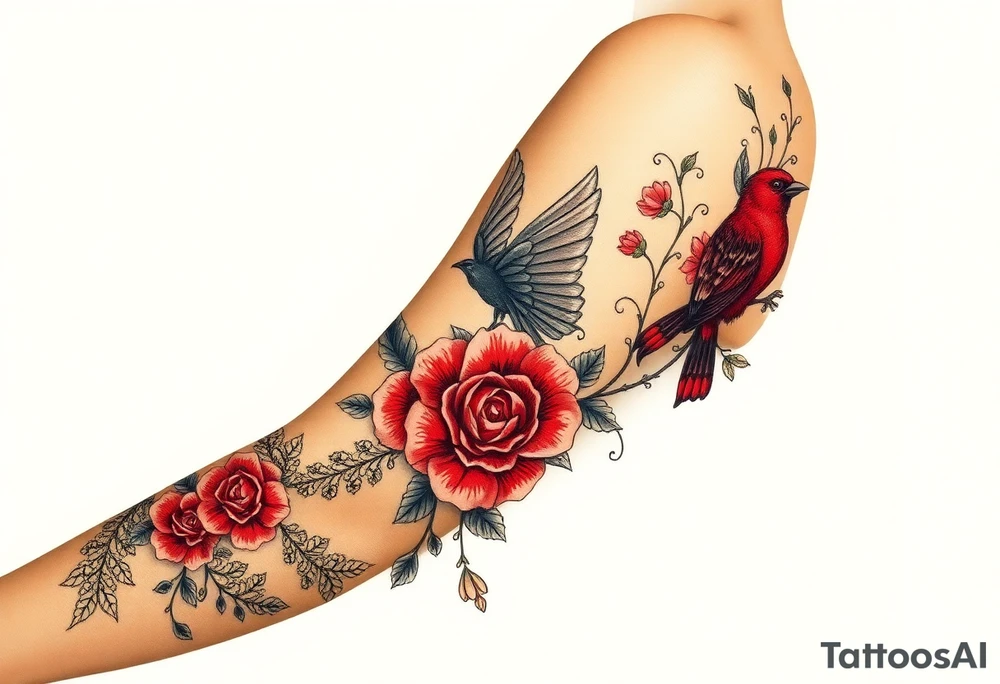Vintage dollies, red roses, lace, red bird tattoo idea