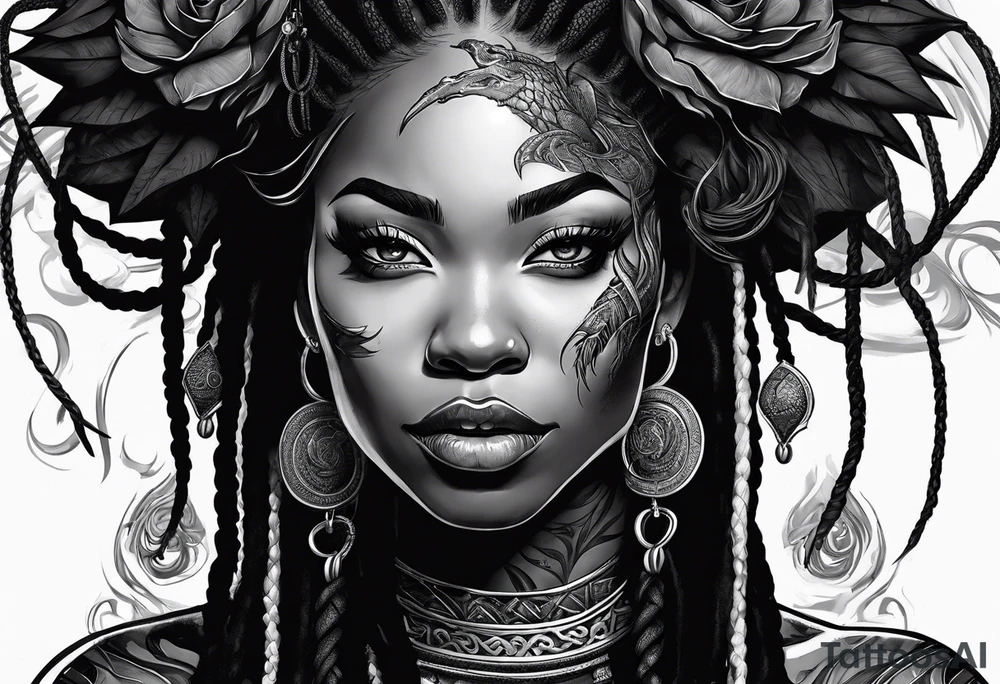 Red dragon wrapping around black woman with dreadlocks tattoo idea