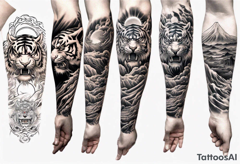Tiger Warrior sleeve tattoo with lightning and the sun
Forearm sleeve tattoo idea