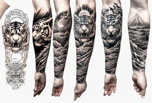 Tiger Warrior sleeve tattoo with lightning and the sun
Forearm sleeve tattoo idea