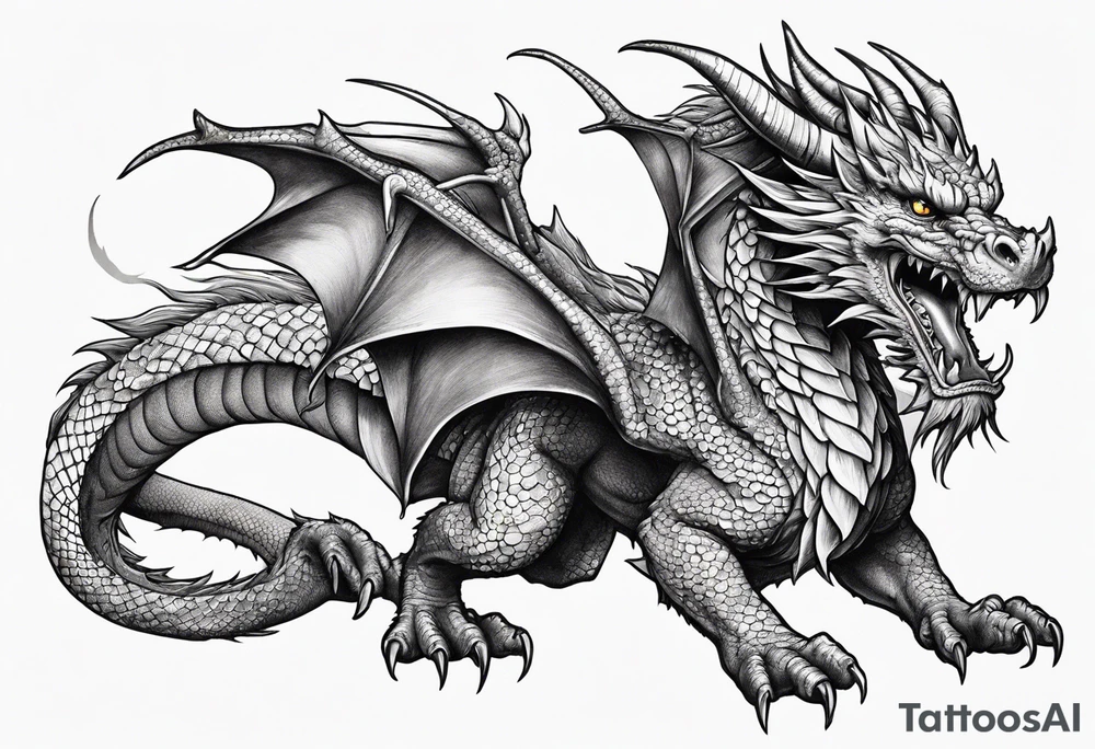 full body dragon perched with all 4 claws grabbing a pole and facing forward tattoo idea