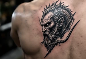 close-up poseidon behind a trident tattoo idea