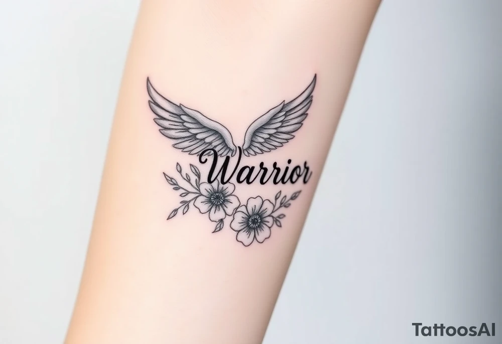 angel wing with word "Warrior" surrounded with flowers tattoo idea