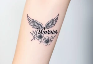 angel wing with word "Warrior" surrounded with flowers tattoo idea