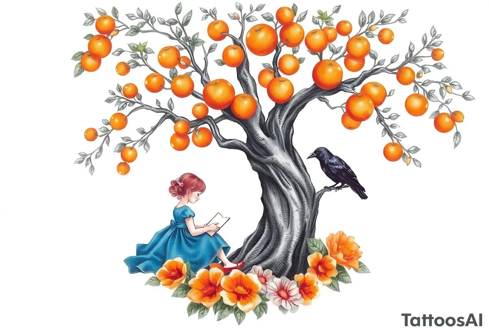 An orange tree, a little girl wearing a blue dress sitting under it while reading. A raven watching her. Flowers around.


. tattoo idea