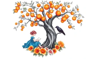 An orange tree, a little girl wearing a blue dress sitting under it while reading. A raven watching her. Flowers around.


. tattoo idea