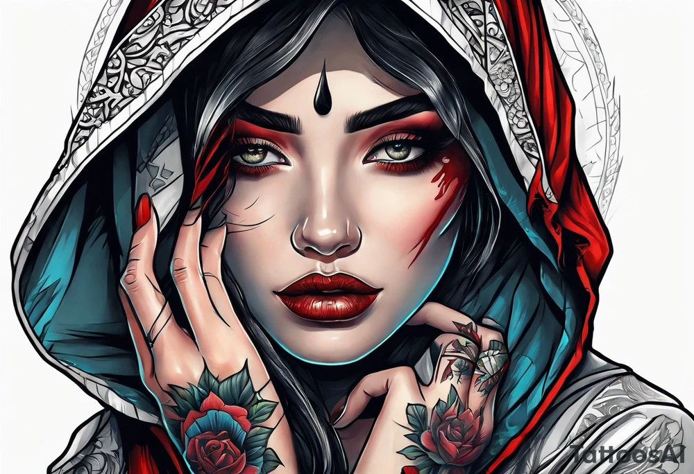 Neo traditional hooded woman blood scars hand with eye in palm tattoo idea
