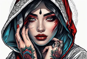 Neo traditional hooded woman blood scars hand with eye in palm tattoo idea