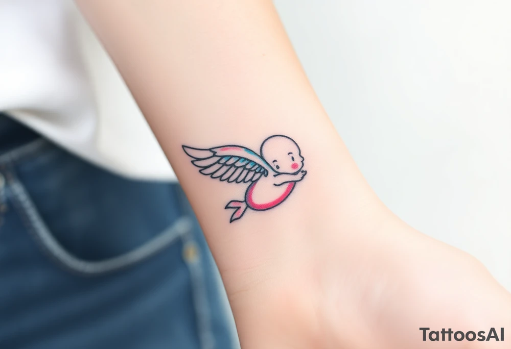 Winged baby, blue and pink watercolor, clouds tattoo idea