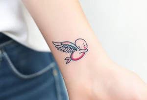 Winged baby, blue and pink watercolor, clouds tattoo idea