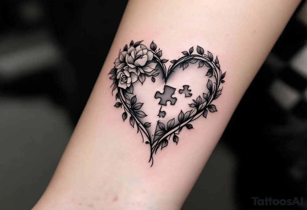 A heart with a puzzle piece missing, left in hollow grayscale tones, symbolizing the emptiness of heartbreak. tattoo idea