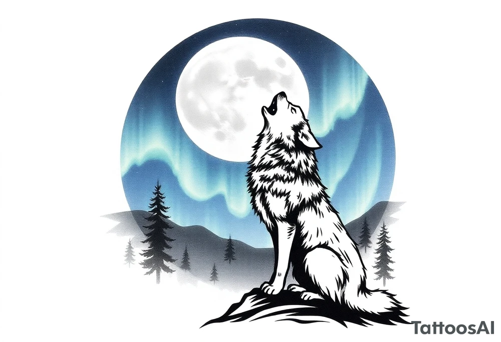lone wolf howling at full moon with northern lights backdrop tattoo idea