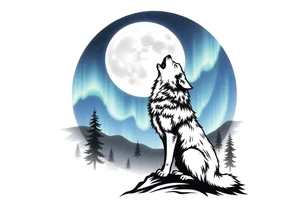 lone wolf howling at full moon with northern lights backdrop tattoo idea