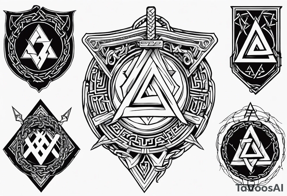 Valhalla sword shield axe barbed wire chains valknut fire tattoo idea Valhalla sword shield axe barbed wire chains valknut fire tattoo idea