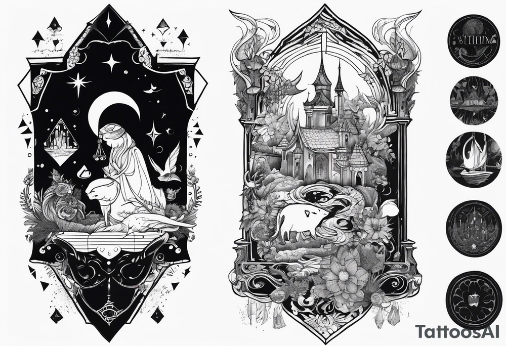 High fantasy story book collage sleeve tattoo tattoo idea