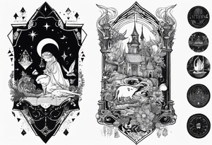 High fantasy story book collage sleeve tattoo tattoo idea