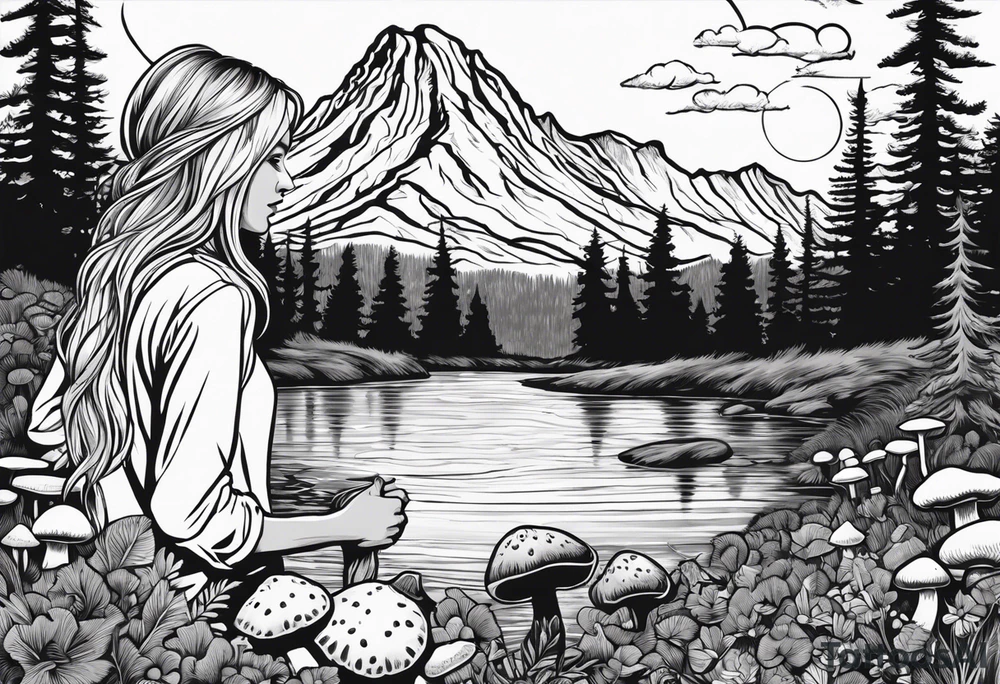 Whole picture encircled fully

Straight long blonde hair hippie girl in distance holding mushrooms in hand facing away toward mountains and creek surrounded by mushrooms long sleeve shirt and hiking pants; whole rendering within a full circle, no cut off circle tattoo idea