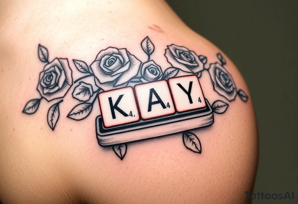 Tattoo on left shoulder
Predominant focal point: Scabble letters spelling “KAY” resting on scabble piece holder tray. The numbers in corner of each letter should not be actual scabble values, instead they should be “1,4,3” or K=1, A=4, Y =3. To represent “I love you” 

This tattoo is to honor my grandmother in hospice

Surrounding the scrabble tile holder and pieces spelling KAY, her name, will be a rose bush tattoo. It should look realistic and fill all space between focal point scrabble tiles & the curves of my left shoulder muscle. I am pretty muscular, so I want the rose bush and stems to scent the definition of my rear and front shoulder muscles well. It should highlight my muscles and accentuate them more. tattoo idea