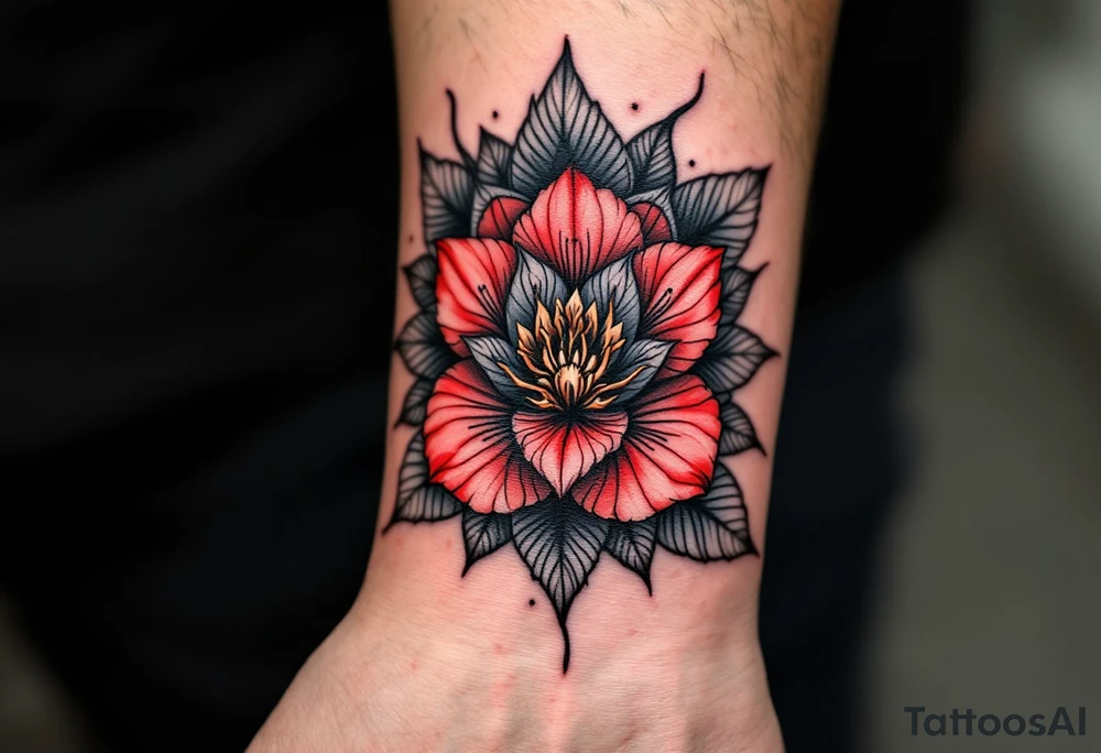 red  and black rhododendron trippy with mandala behind tattoo idea