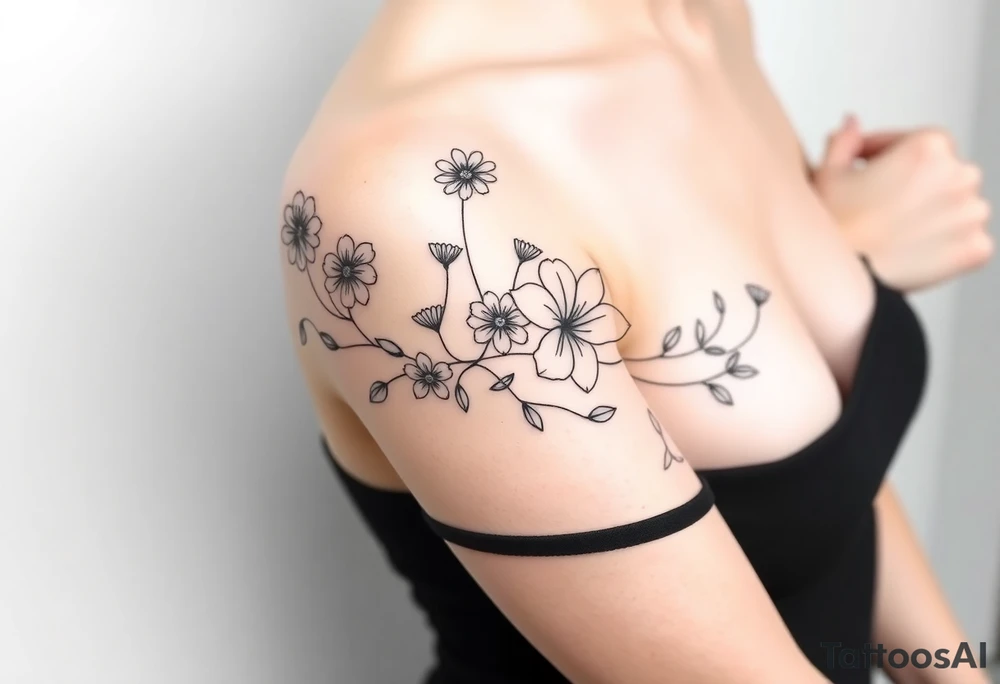 This tattoo is on a woman. It is a line of flowers connected by a single stem. It starts on her left pectoral with a Glaiolus and Daisy together, then the tatoo rises over the left shoulder and down the arm and ends at the elbow. The tattoo will include a primrose, Calla Lily, and a Lilly. It will be light on color except in the petals and has light shading to make it pop. tattoo idea