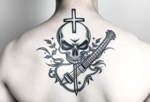 I would like to get a tattoo of a skull and a cross and in a guitar for your upper arm that would be covered with a sleeve and I want it just black and gray tattoo idea