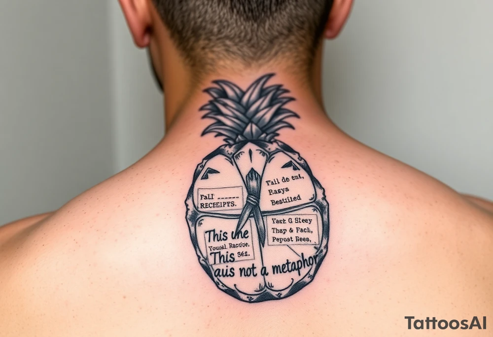 "Pineapple cross-section tattoo: slices are receipts with 'This is not a metaphor'. Black ink, surrealism." tattoo idea