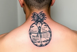 "Pineapple cross-section tattoo: slices are receipts with 'This is not a metaphor'. Black ink, surrealism." tattoo idea