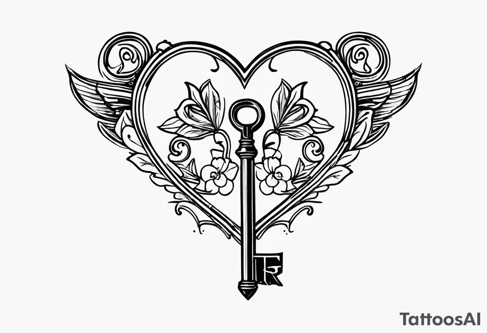 heart shaped antique key with the two teeth being the alphabetical letter RA tattoo idea