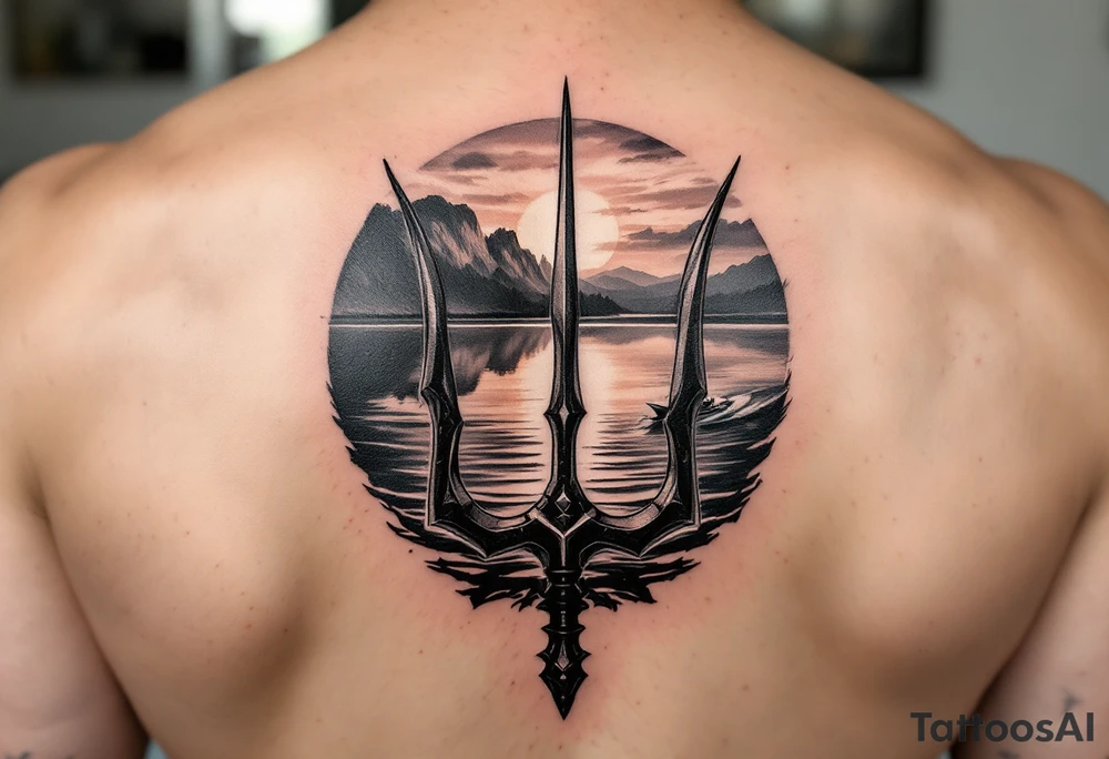 trident half way under calm water with skiboat and sunset tattoo idea