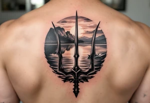 trident half way under calm water with skiboat and sunset tattoo idea