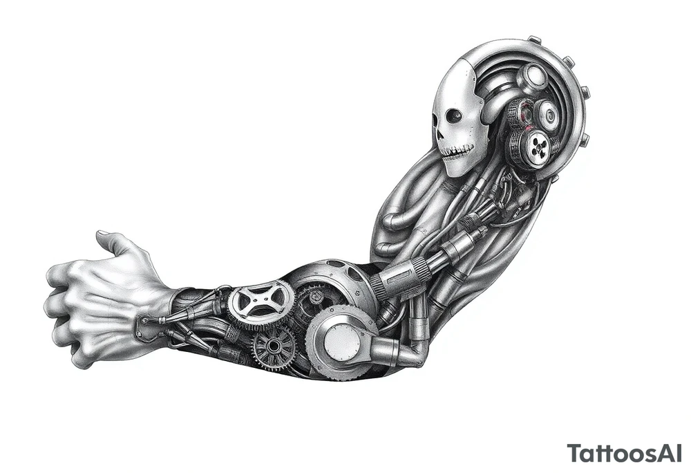 A full sleeve tattoo design for the right arm that starts at the hand and extends up to the right pectoral. The design features a melted skin effect, revealing detailed robotic parts and mechanical components underneath. The melted skin appears torn and organic, seamlessly transitioning to intricate gears, wires, and futuristic machinery beneath, creating a striking fusion of human and robotic elements. tattoo idea