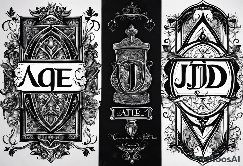 I want to design a tattoo that has the letters A, J, D, E mixed together like a design in harmony with old chaligraphy. I don't want additional images but just the letters tattoo idea