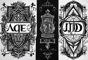 I want to design a tattoo that has the letters A, J, D, E mixed together like a design in harmony with old chaligraphy. I don't want additional images but just the letters tattoo idea