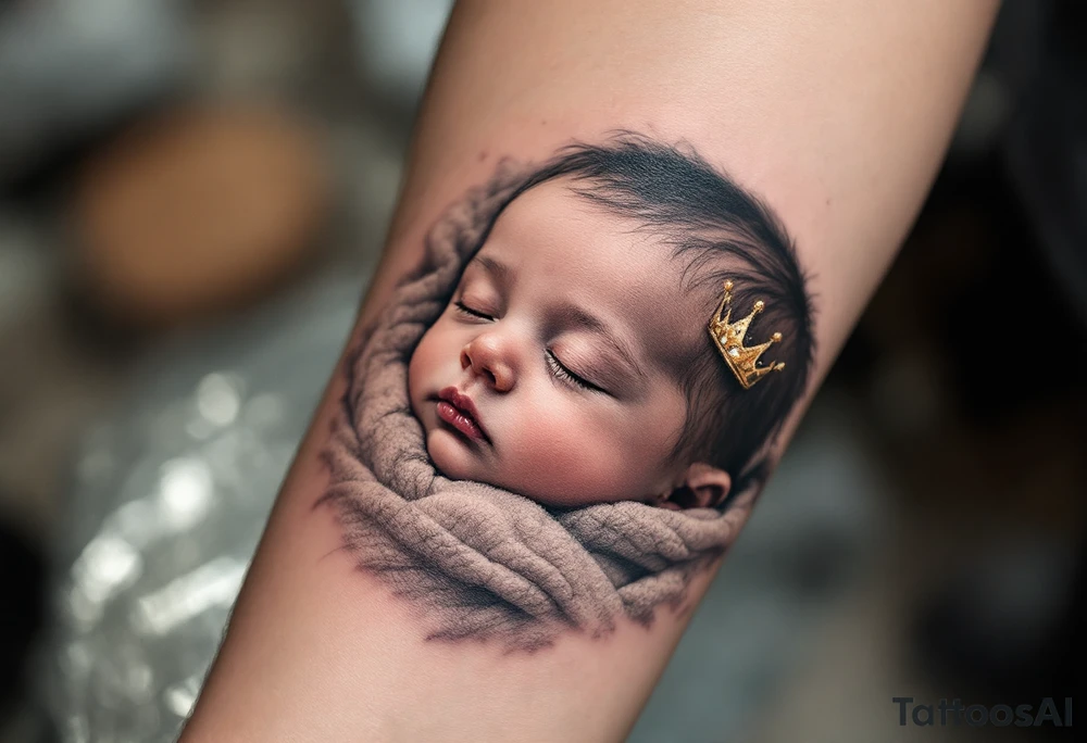 Profile portrait of a baby girl’s sleeping face with a tiny gold crown, shaded in grayscale with realistic detail. tattoo idea
