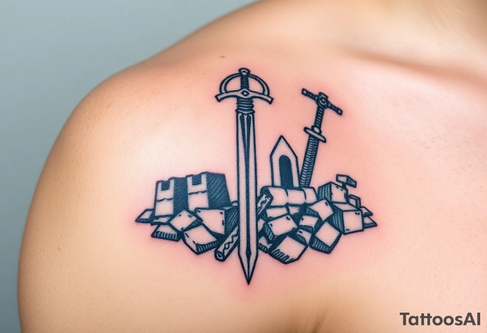 Viking weapons and ruins of a warrior tattoo idea