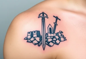 Viking weapons and ruins of a warrior tattoo idea