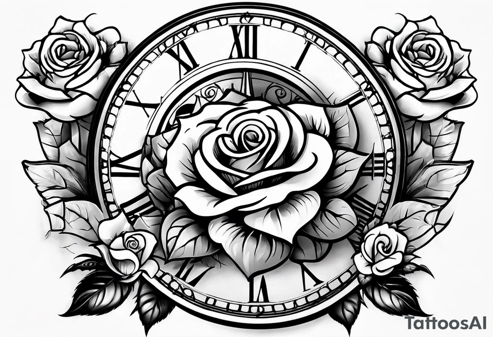 Pocket clock with chain and roses tattoo idea