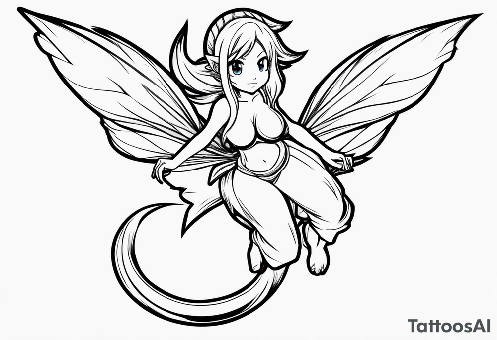 No color fairy with a tail inspired by the logo of the anime show called Fairy Tail in a fetal position leaning in and forward while in the air floating tattoo idea