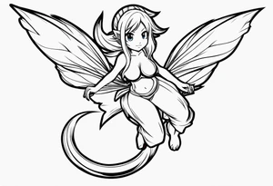 No color fairy with a tail inspired by the logo of the anime show called Fairy Tail in a fetal position leaning in and forward while in the air floating tattoo idea