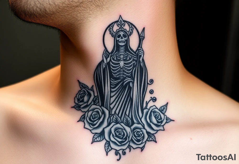 Evil Santa muerte rising out of smoke surrounded by 
 roses tattoo idea