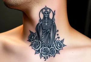 Evil Santa muerte rising out of smoke surrounded by 
 roses tattoo idea