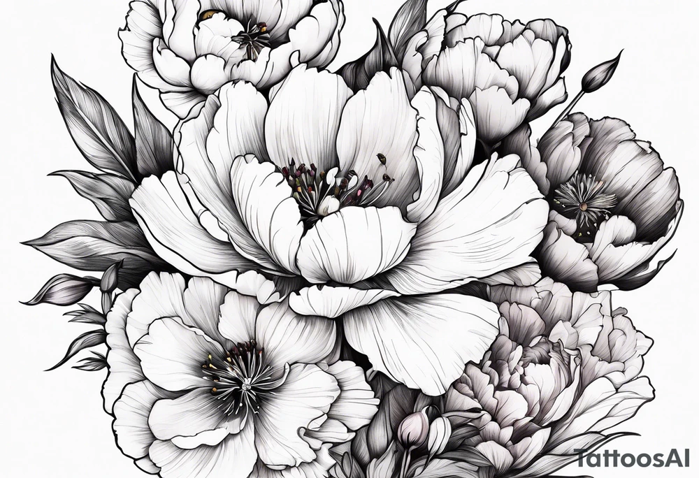 Mix of peonies, iris, poppy, cosmos, and gladiolus flowers tattoo idea