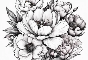 Mix of peonies, iris, poppy, cosmos, and gladiolus flowers tattoo idea