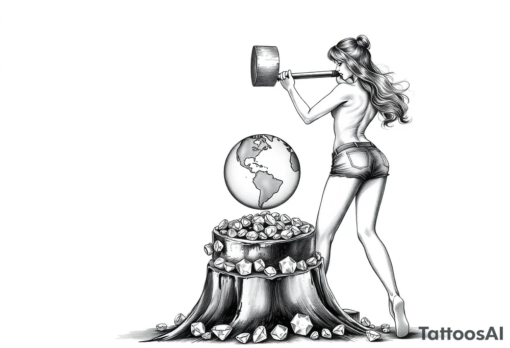 pin up girl in very short shorts swinging a very large mallet onto a small version of the earth globe, the earth glove is on top of a tree stump and being compressed by the mallet, and at the base of the stump is a pile of diamonds. pressure makes diamonds. Her short shorts are not covering her butt all the way. She is facing me with her breast bare and out. tattoo idea