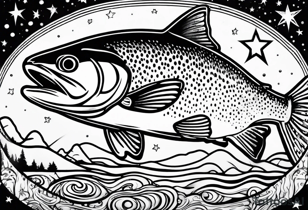 A rainbow trout jumping out of the stars tattoo idea