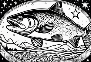 A rainbow trout jumping out of the stars tattoo idea